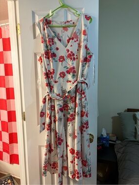 Calvin Klein Floral V-Neck Sleeveless Midi Dress in White and Red